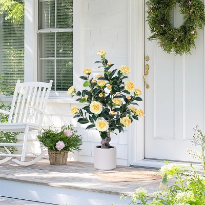 MaseiKar 3.2 Ft Yellow Artificial Camellia Tree with White Pots - 39 inch Tall Fake Tree, Large Artificial Plants Indoor Outdoor, Front Home Door