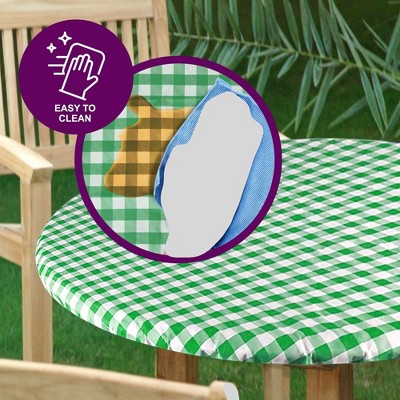 Green Checkered Vinyl Round Fitted Tablecloth with Elastic