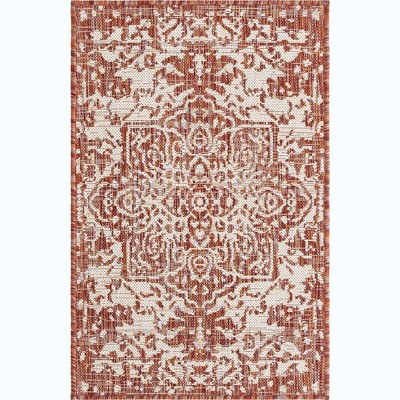 Rust Red Medallion Easy-Care Rectangular Outdoor Rug