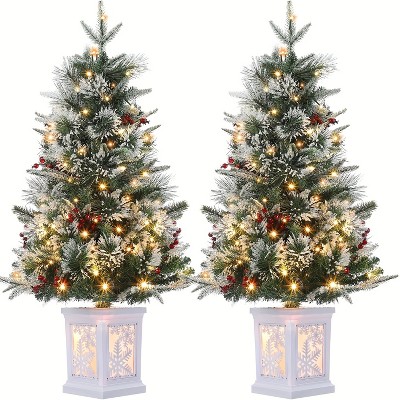 3ft Small Christmas Tree Pre-Lit Artificial Christmas Tree with 78 Led Lights, Snow Flocked Xmas Tree w/Base, Timer Function, Battery Operated