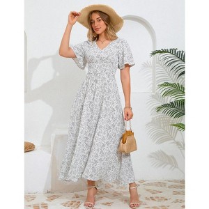 Coolmee Women Boho Floral Casual Smocked Ruffled Short Sleeve Dress Elegant V-Neck Split Maxi Dress - 1 of 4