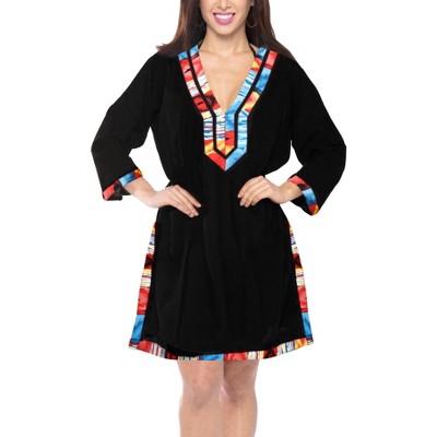 LA LEELA Women's Summer Bathing Suit Cover Ups Mini Holiday Beachwear Mini Swim Suit Loose Beach Dress Boho Dress X-Large-XX-Large Black, Solid