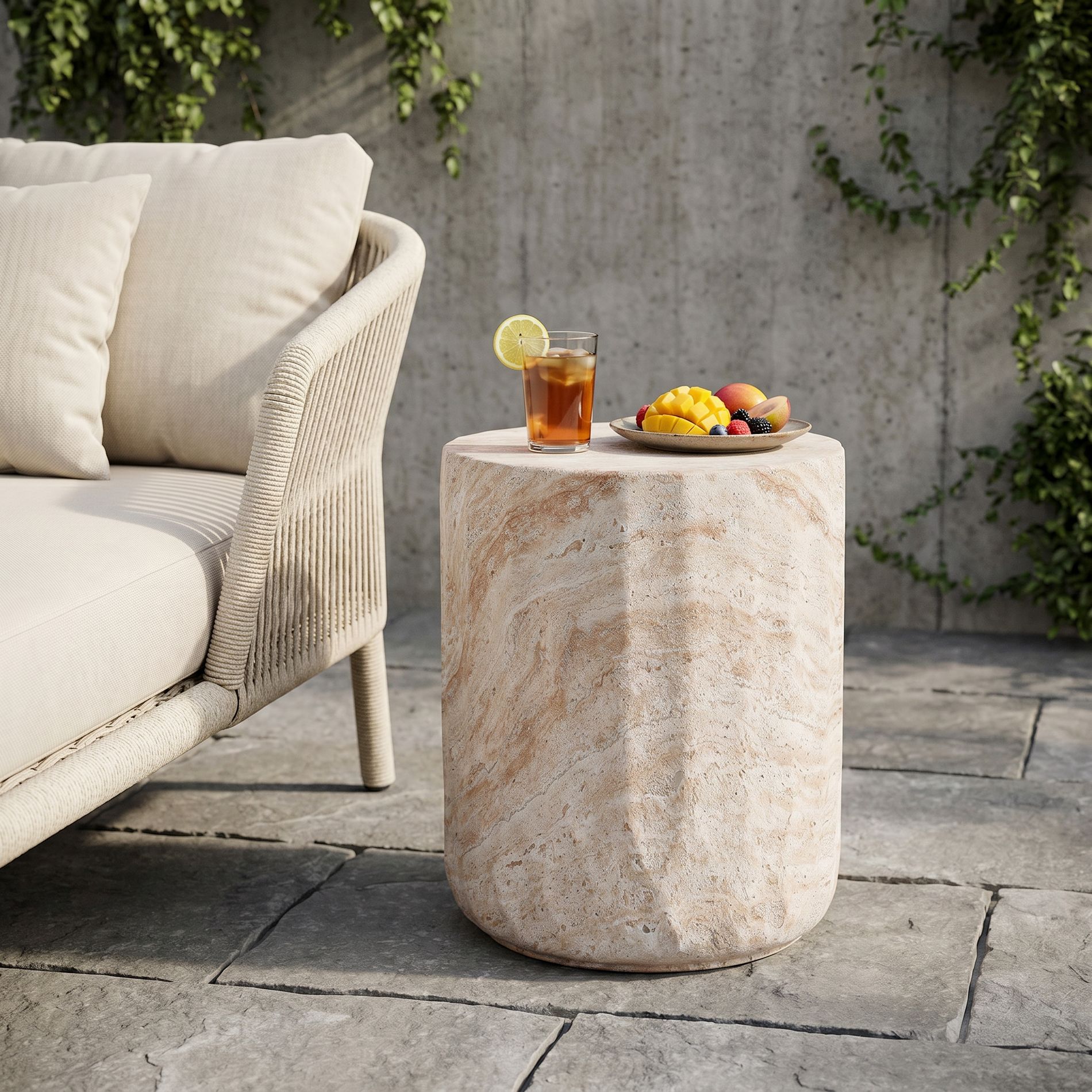 ModernLuxe Cylinder Accent Table Side Table, MGO Patio End Table, Lightweight Concrete Round Side Table, Indoor/Outdoor Use, Beige