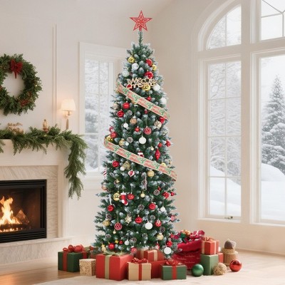 Prelit Flocked Pencil Christmas Tree with Lights, Slim Artificial Xmas Tree with Snowy Branch