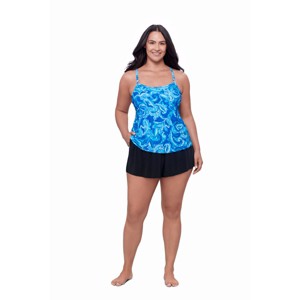 Trimshaper Women's Plus Farrah Tumbled Paisley Swim Romper with Pockets - 1 of 3