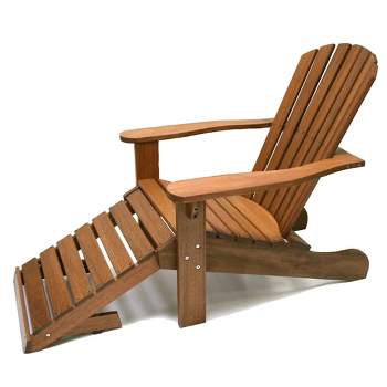 Outdoor Interiors Eucalyptus Wood Adirondack Chair with Built In Ottoman and Protective Plastic Foot Pads Ideal for Balcony, Deck or Patio, Brown