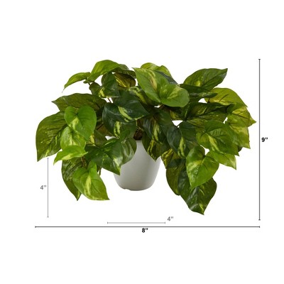 Nearly Natural 9" Pothos Artificial Plant in White Planter