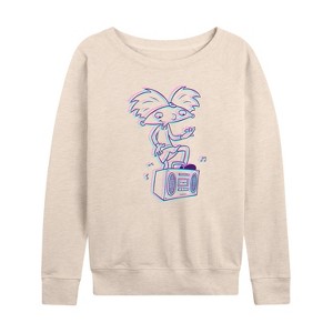 Women's - Hey Arnold! - 3D Arnold Lightweight French Terry Wide Neck Long Sleeve Shirt - 1 of 4