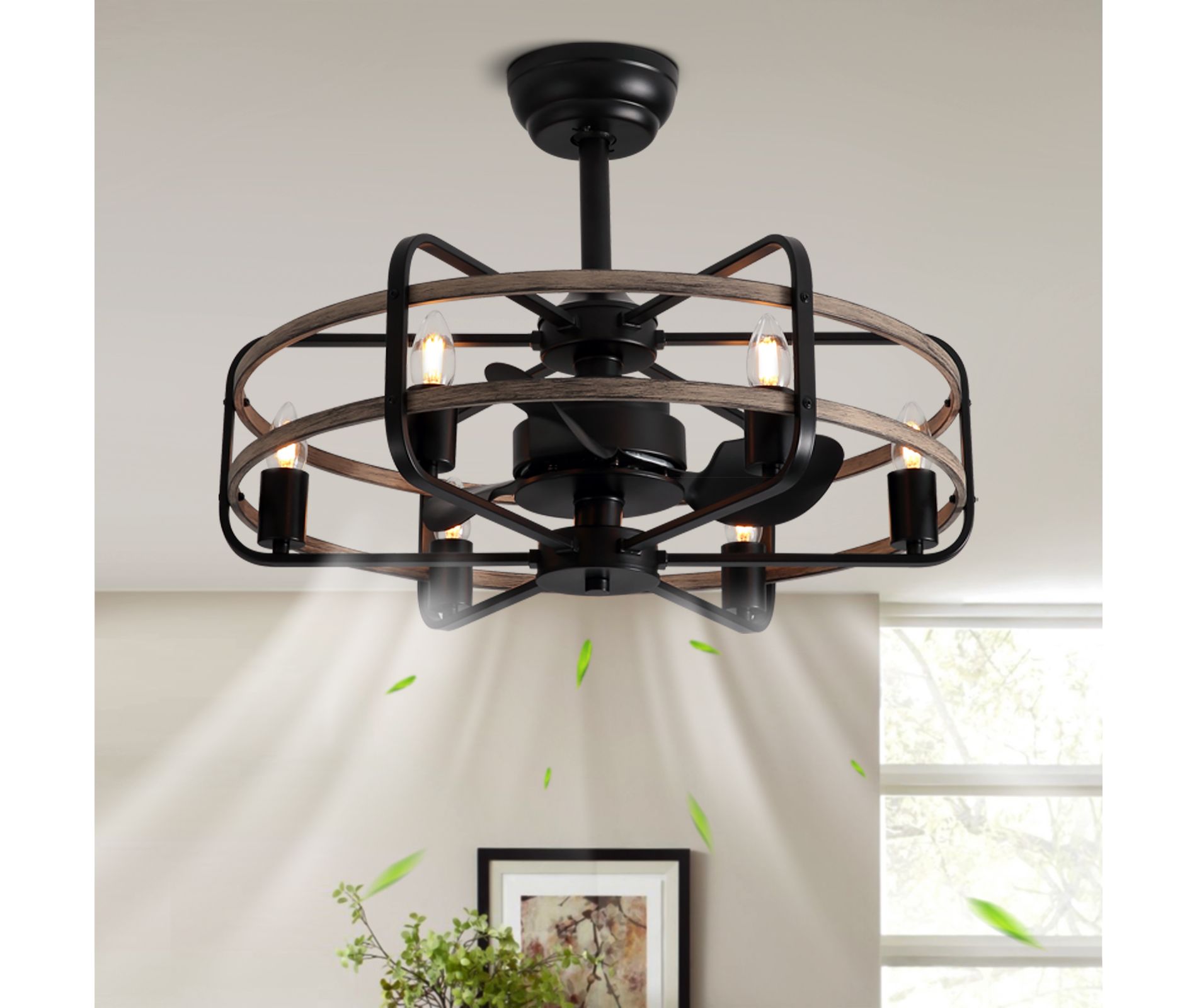 Ludomide Vintage 25" Black Caged Chandelier Ceiling Fan with Lights and Remote for Bedroom