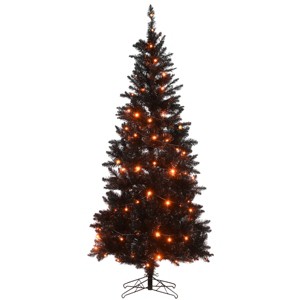 National Tree Company 6 ft. Black Slim Tree with String of Orange Lights - 1 of 4