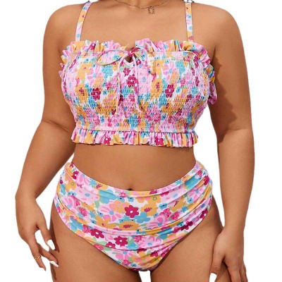 Women's Plus Size Floral Print Bandeau Bikini Set High Waist Bathing Suit