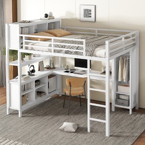 Vynxaria Metal Loft Bed with Wardrobe And L-shaped Desk, Queen Size Loft Bed with Storage Cubes and Shelves, Heavy Duty Loft Bed - 1 of 4