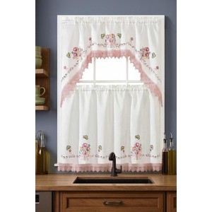 Home Mart Goods White Pink Bitterly Embroidery Kitchen Curtain 3PC Set Swag & Tiers Set - 1 of 4