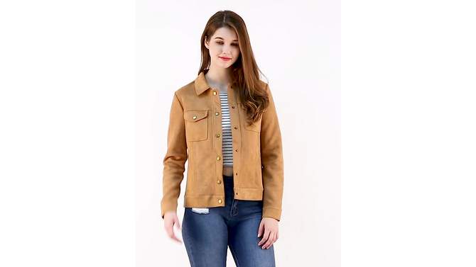 Allegra K Women's Turn-Down Collar Flap Pockets Snap Button Faux Suede Jacket, 2 of 7, play video