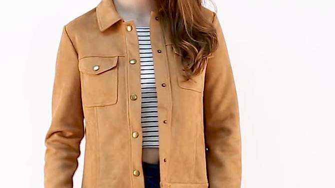 Allegra K Women's Turn-Down Collar Flap Pockets Snap Button Faux Suede Jacket, 2 of 8, play video