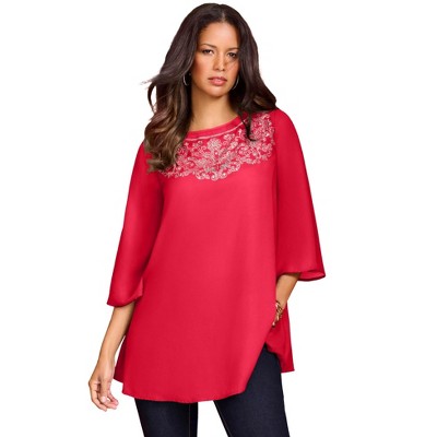 Roaman's Women's Plus Size Flare-Sleeve Embellished Georgette Top