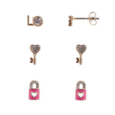 FAO Schwarz Gold Tone Key and Locket Trio Earring Set