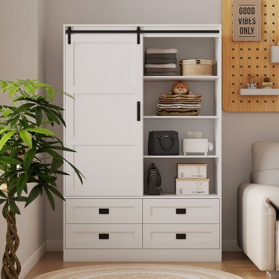 Tall Armoire Closet With Hanging Rod Barn Door, Clothing Storage With 4 Drawers, Modern Armoire-Cuddlewood