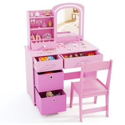 Tangkula Kids Vanity Set Princess Makeup Desk & Chair w/ Mirror & Lights Open Shelves