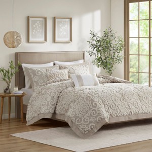 Sapphtopaz Comforter Set Tufted Chenille Medallions Embroidery Classic Solid Color Cotton Quilt Set 3 Piece 1 Quilt, 2 Pillow Shams - 1 of 4