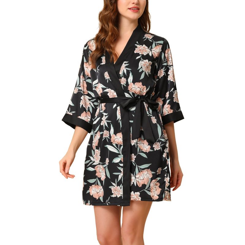 cheibear Womens Satin Floral Lounge Cami Nightgown Sleepwear 4pcs Pajama Sets, 2 of 7