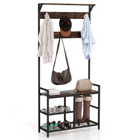 Industrial 4 Tier Shoe Rack w/ Coat Rack Entryway Table Hall Tree w/ 2  Drawers