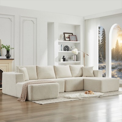 136.7" Corduroy Upholstery U-Shaped Cloud Modular Sectional Sofa with Double Chaise Lounges, All-Foam Compression Design