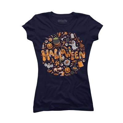 Junior's Design By Humans happy halloween greeting holiday illustration By ghinan T-Shirt - Navy - Medium