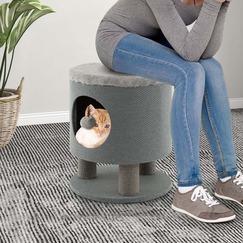 Costway 3-IN-1 Cat Condo Stool Kitty Bed with Scratching Posts & Plush Ball Toy Beige/Grey, 4 of 11