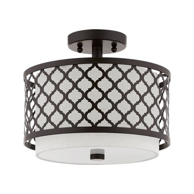 Arabesque English Bronze Drum Semi-Flush Mount with Off-White Shade