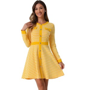 INSPIRE CHIC Women's Houndstooth Plaid Contrast Color Crew Neck Button Front Elegant A-Line Dress - 1 of 4