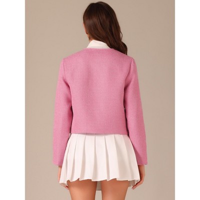 Allegra K Women's Tweed Plaid Double-breasted Scoop Neck Long Sleeve Casual Jackets Pink Small — фото 3