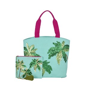 Mina Victory Handbag Sequin Palm Trees 22" x 15" x 6" Beach Bag with Matching Clutch Turquoise - 1 of 4