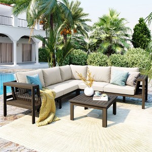 4-Piece Outdoor Acacia Wood Sofa Set with Woven Mesh Armrests, L-Shaped Patio Conversation Set with Coffee Table and Side Table - ModernLuxe - 1 of 4