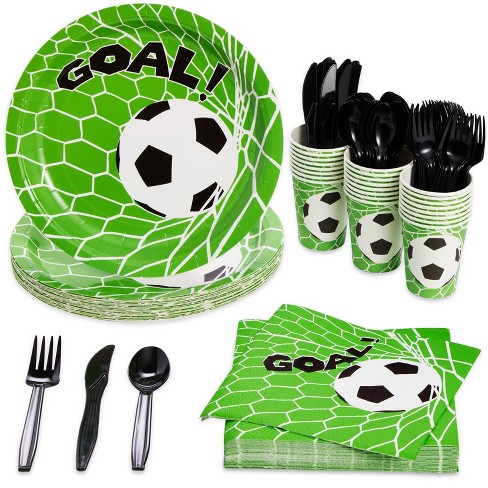 Juvale 144-Piece Soccer Themed Birthday Party Supplies, Bundle Includes  Paper Plates, Napkins, Cups, and Plastic Cutlery (Serves 24)