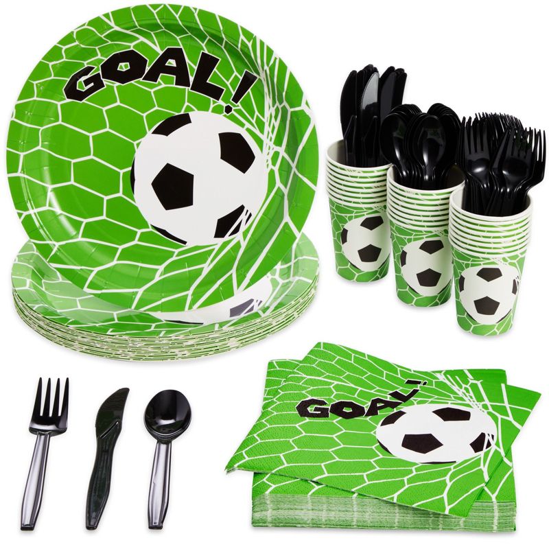 Juvale 144-Piece Soccer Themed Birthday Party Supplies, Bundle Includes Paper Plates, Napkins, Cups, and Plastic Cutlery (Serves 24), 1 of 9