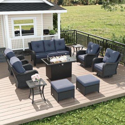 LayinSun 10 Piece Wicker Outdoor Furniture Set with 6-inch Comfy Cushions, High Back Patio Furniture Set with Swivel Rocking Chairs and Fire Pit Table
