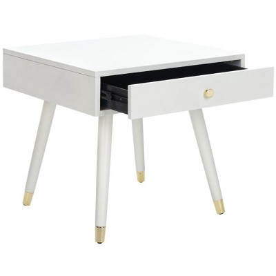 White and Gold Rectangular Wood End Table with Storage