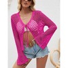 Womens Casual Summer Tie Front V Neck Flared Sleeve Openwork Cardigan - 2 of 3