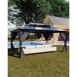 Khaki (Grey) 10'x12' Hardtop Gazebo ¨C Heavy Duty Aluminum Frame Permanent Pavilion with Polycarbonate Double Roof, Curtains & Netting for Patio - 1 of 4