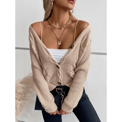 Women's Cable Knit Cardigan Open Front Sweater Casual Long Sleeve Button Coats Outerwear