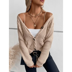 Women's Cable Knit Cardigan Open Front Sweater Casual Long Sleeve Button Coats Outerwear - 1 of 4