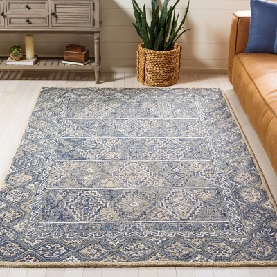 Handmade Blue Floral Tufted Wool 8' x 10' Area Rug
