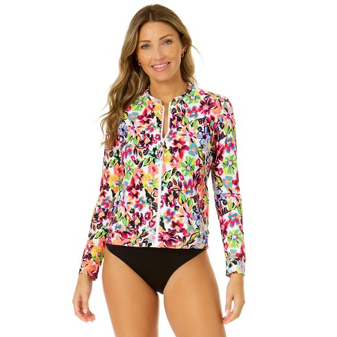 Anne Cole Women's Sun Blossom Long Sleeve Zip Front Rash Guard Top, Multi S