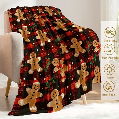 Ultra-Soft Lightweight 1PC Gingerbread Man Throw Blanket - Flannel Cheerful Red Plaid Contemporary Style.