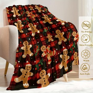Ultra-Soft Lightweight 1PC Gingerbread Man Throw Blanket - Flannel Cheerful Red Plaid Contemporary Style. - 1 of 4