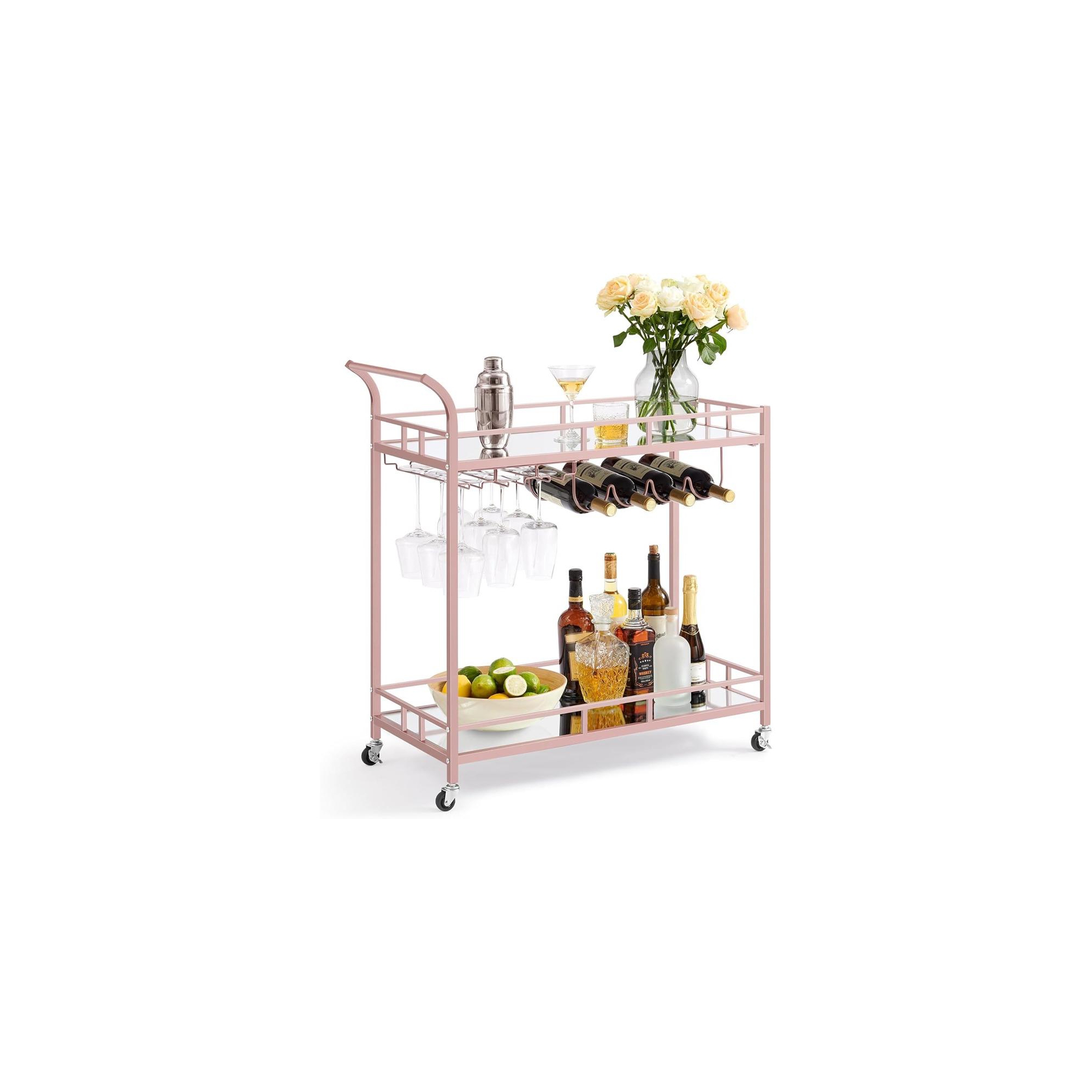 VASAGLE Bar Cart, Home Bar Serving Cart, Wine Cart with 2 Mirrored Shelves, Wine Holders, Glass Holders, for Kitchen, Dining Room, Rose Gold