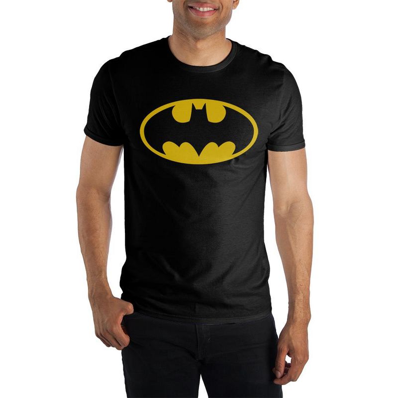Batman Classic Yellow Bat Logo Black Graphic Tee Shirt T-Shirt, 1 of 2
