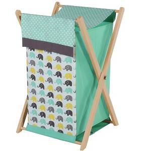 Bacati - Elephants Mint/Yellow/Gray Laundry Hamper with Wooden Frame - 1 of 4