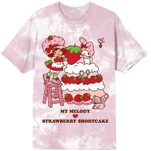 My Melody X Strawberry Shortcake Sharing Giant Strawberry Women's Pink Tie-Dye Crew Neck Short Sleeve T-shirt - 1 of 3
